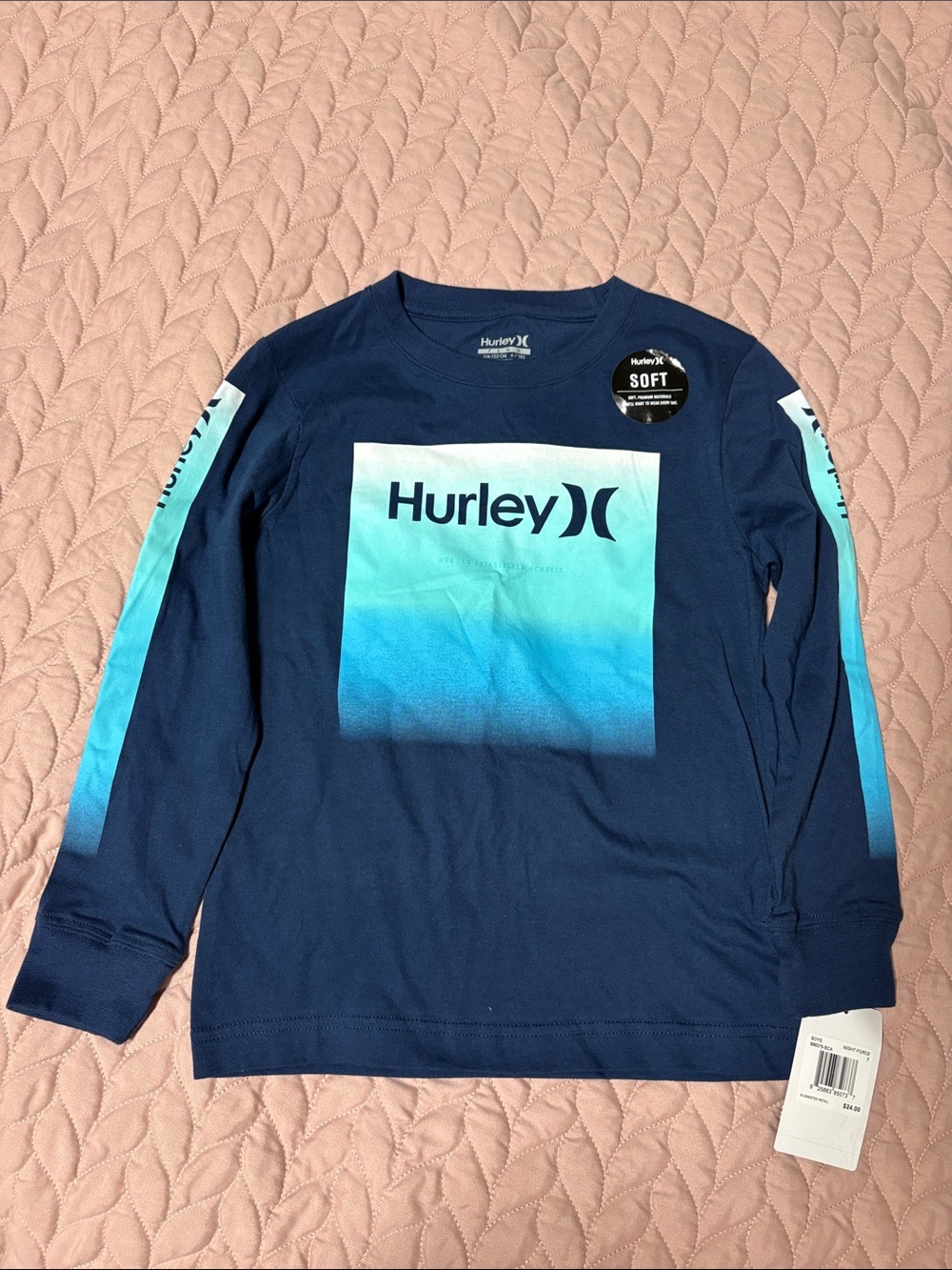 Hurley Navy Blue Long-Sleeve Tee with Aqua Gradient Logo